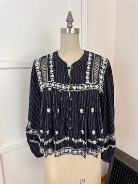 navy linen embroidered top
